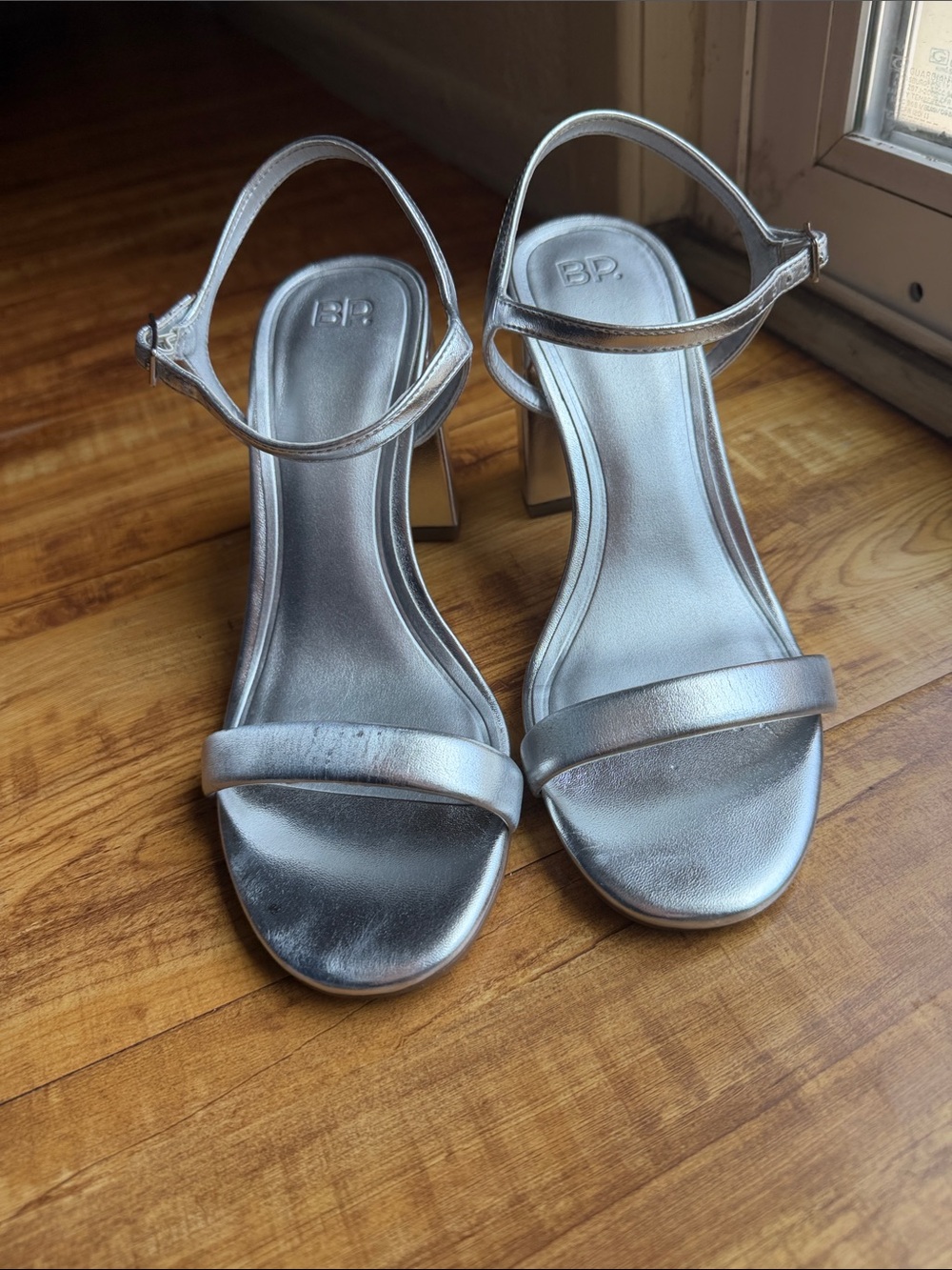bp Metallic Silver Slingback Block Heel Sandals
